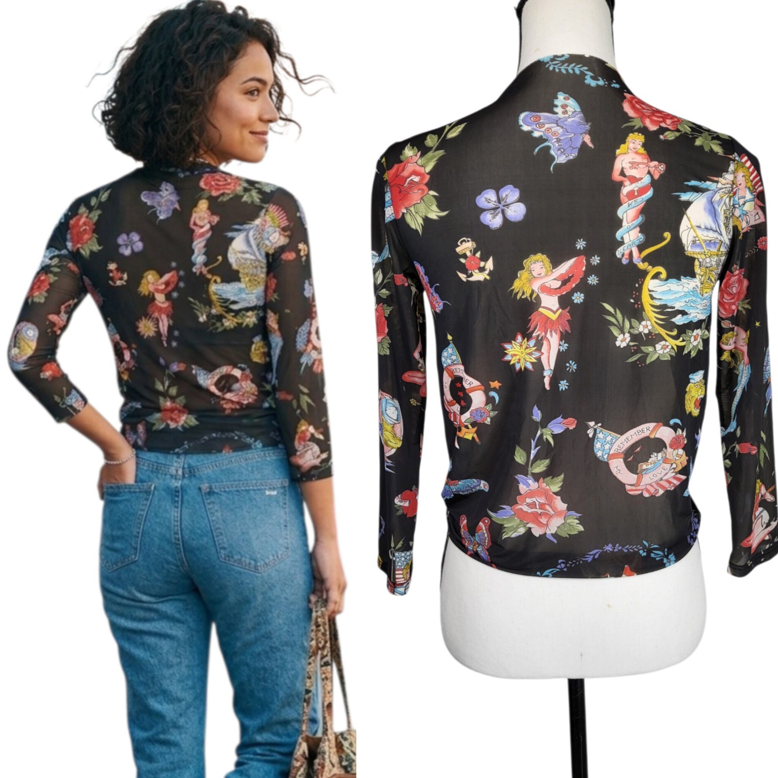 Only Hearts NYC Mesh Tie-front Top Tattoo Print Pin Up Rockabilly Cowboycore M/L