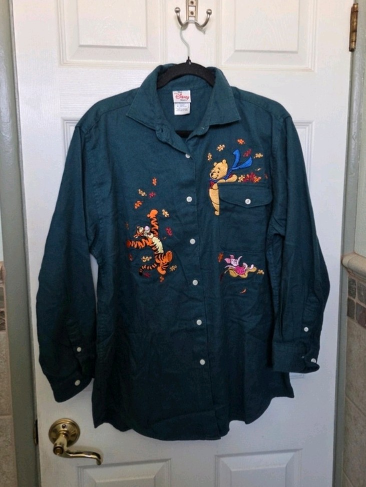 Disney Dark Teal Winnie the Pooh & Friends Embroidered Button-Down Shirt 90s MED