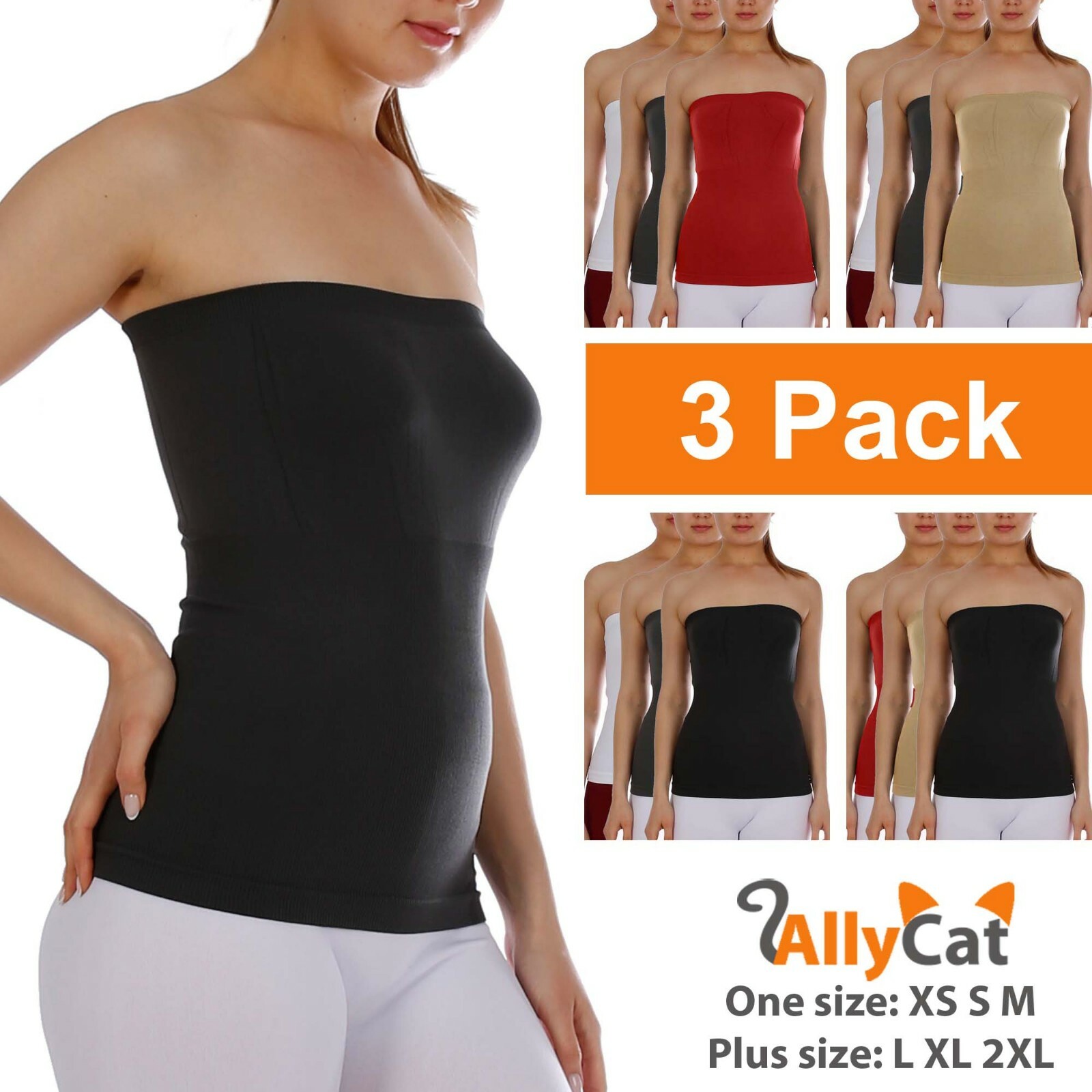 Women’s 3-Pack Seamless Bandeau Tube Top Ribbing Bottom Slimming Fit Shirt