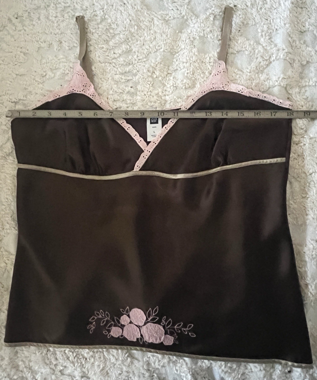 Vtg Y2K GAP Espresso Silk Cami Blouse w/Pink Lace Trim Fairycore Coquette Sz L