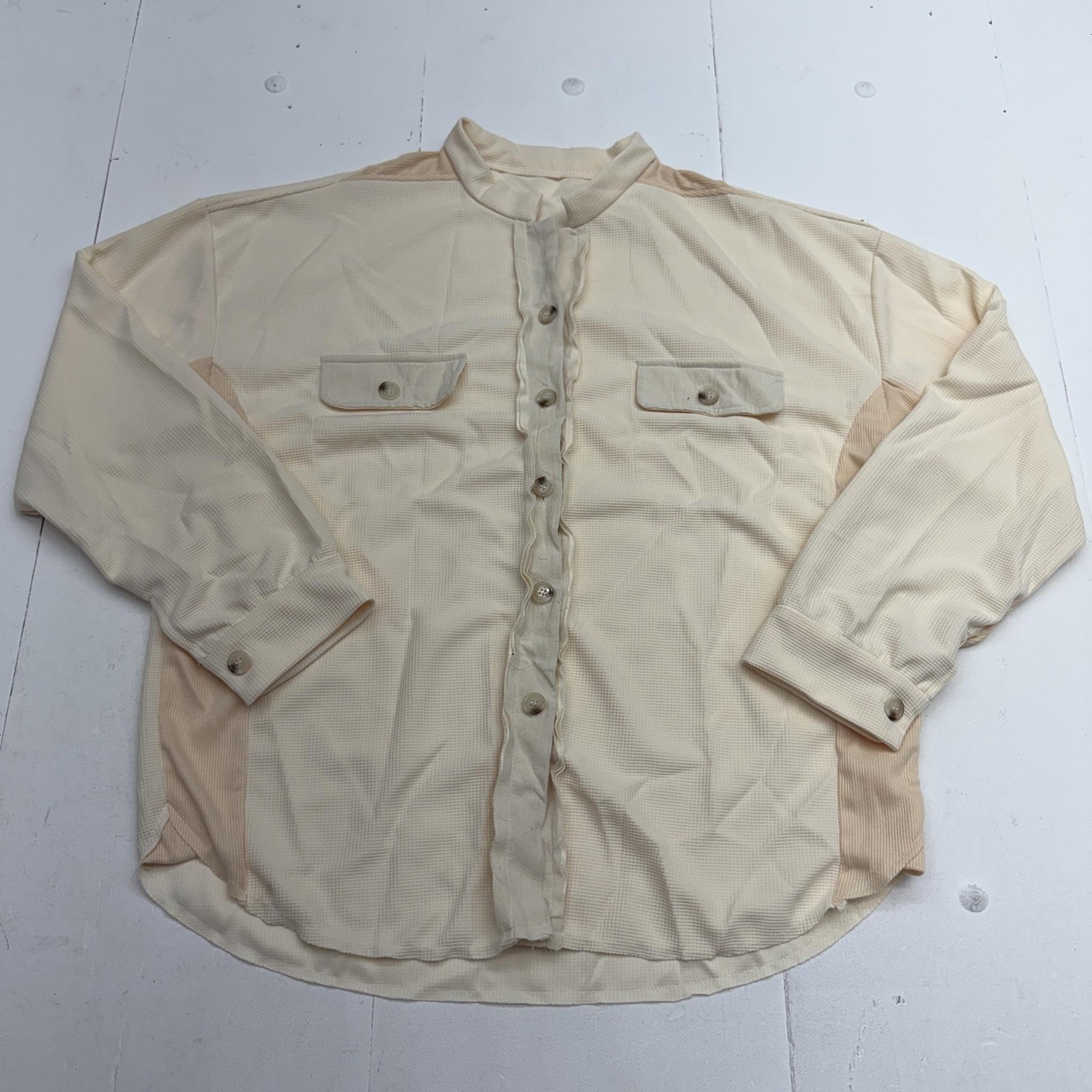Shirt Womens 2XL Beige Solid Long Sleeve Button Up Ruffle Band Collar Casual