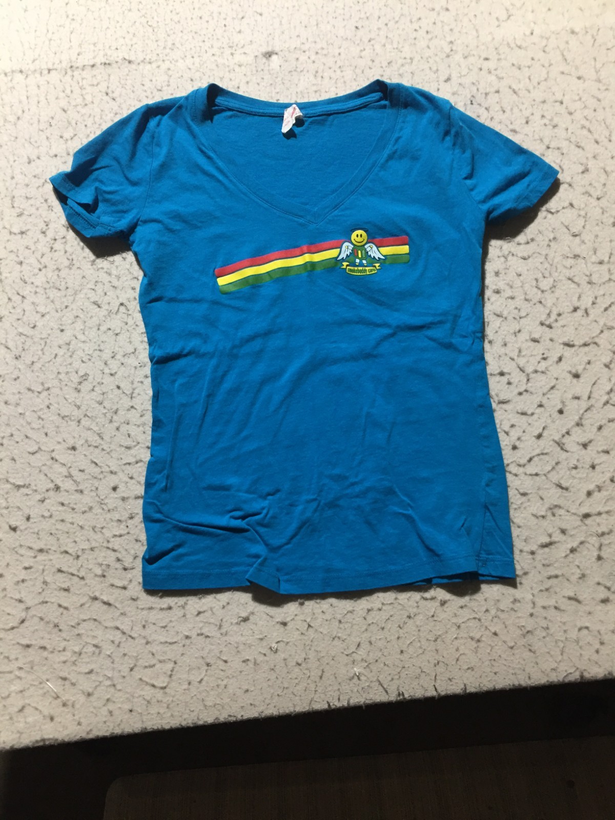 Smoke Buddy T Shirt Womens M Medium Blue Graphic Print Smiley Guy V Neck Short
