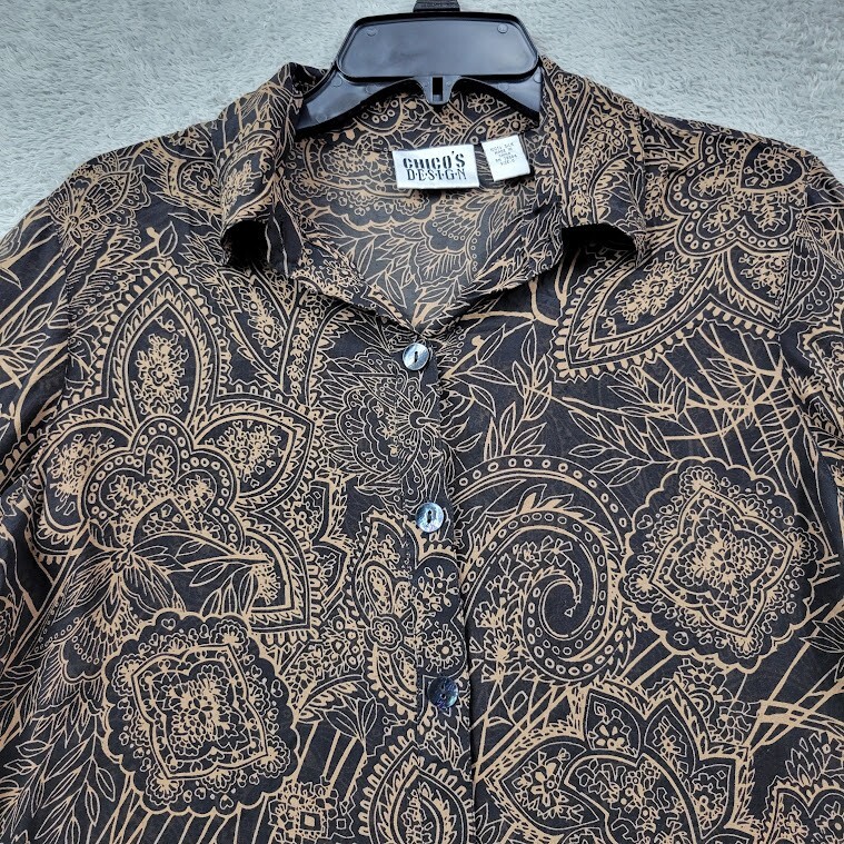 Chicos Design Silk Shirt Womens Small Brown Paisley Button Up Designer City