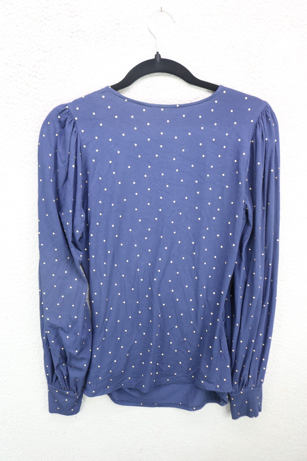 Boden Navy Blouson Sleeve Faux Wrap Top-Sz 12-Gold Polka Dots-Viscose-Whimsigoth
