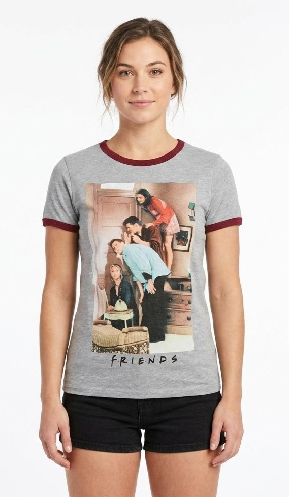 Friends Juniors Group Listening In Photo Gray Red Ringer Shirt New XS, S, M