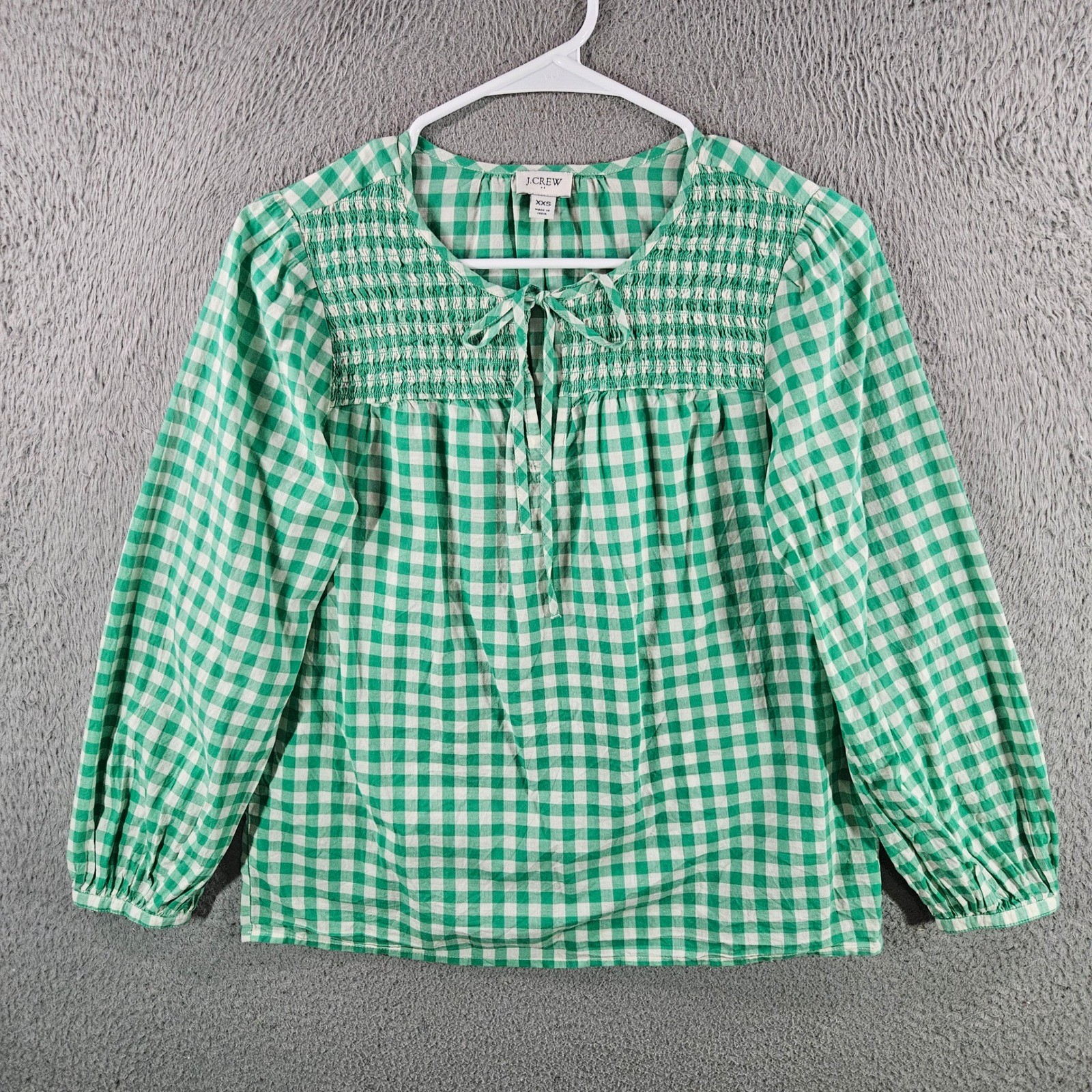 J.Crew Green Gingham Smocked Tie Neck Blouse XXS Re-Imagined Cotton Top
