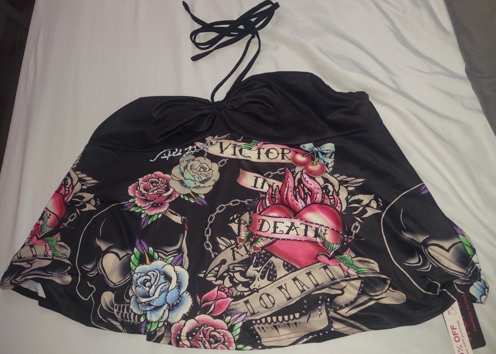 NWT ROMWE Grunge Punk Y2K Black Tattoo Style Rhinestone Halter Top Tie Neck 3XL