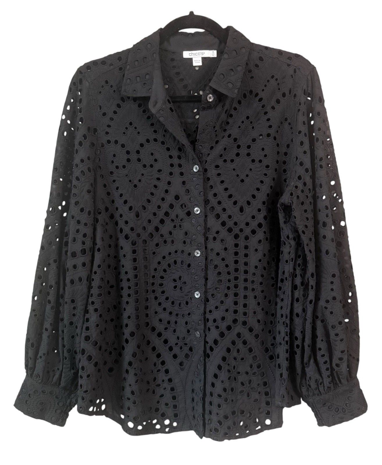 Chico’s Black Eyelet Button Up Blouse Shirt 100% Cotton Bishop Sleeve Size 10