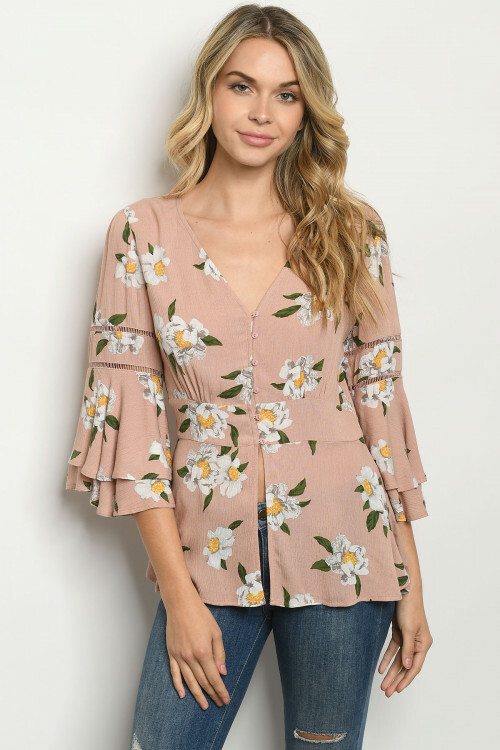 Blush Pink Floral Double Bell Sleeve Peasant Top Size Small Button Front