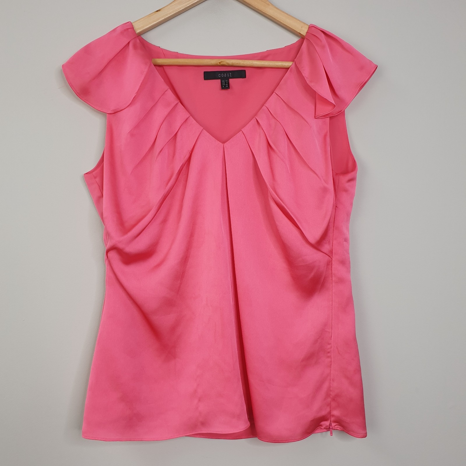 Coast Blouse Womens UK 12 Pink Satin Pleated V Neck Smart Evening Occasion Top
