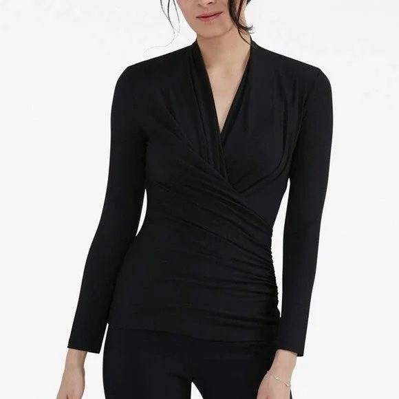 MM LaFleur The Fey Black Ruched Long Sleeve Top Deep V Neck Blouse small