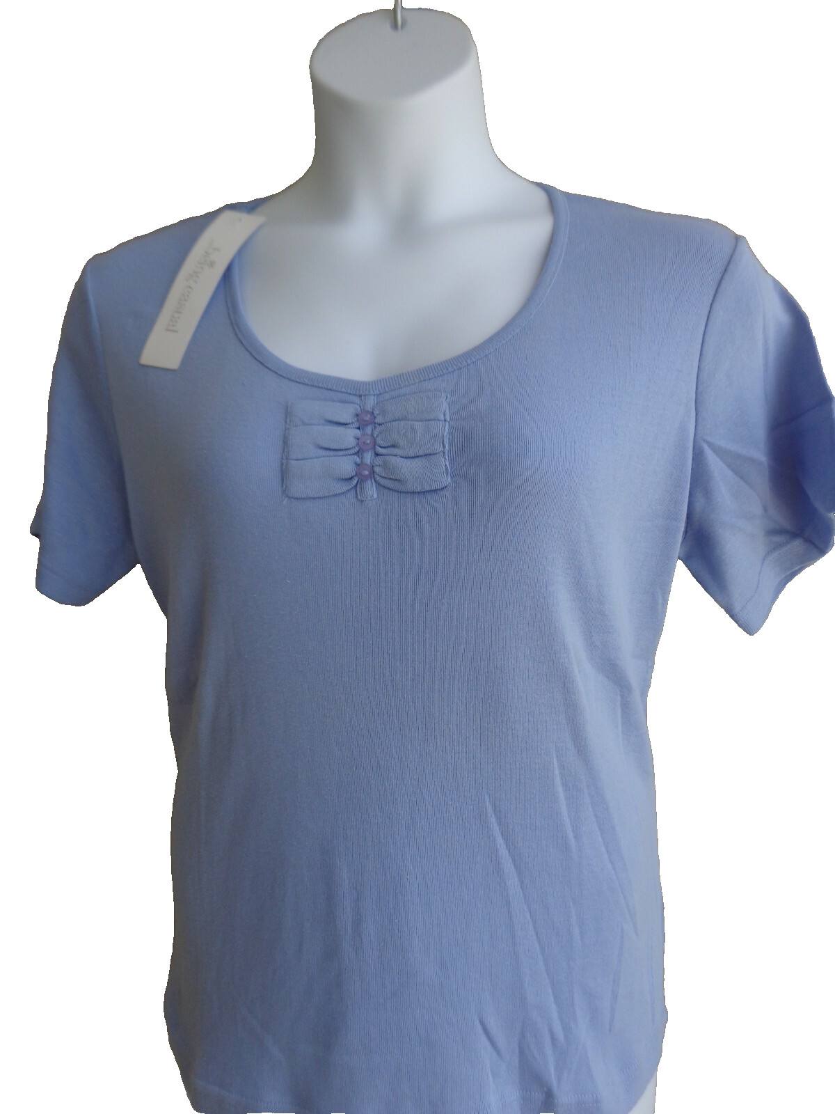 Being Casual XL Ribbed Cotton Blend Knit S/S Embellished Scoop Neck Top Lt Blue