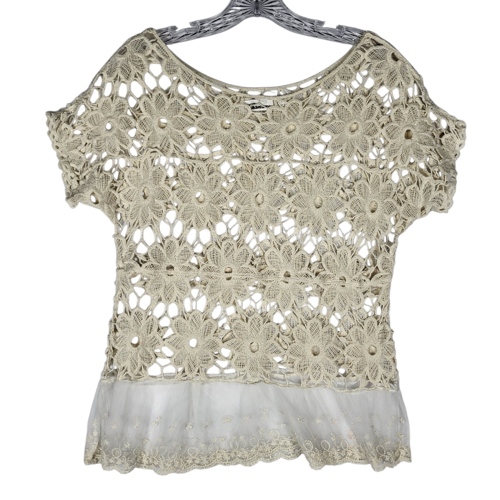 Bohemian Crochet Lace Top Women’s Small Cream Short Sleeve Coastal Cottagecore