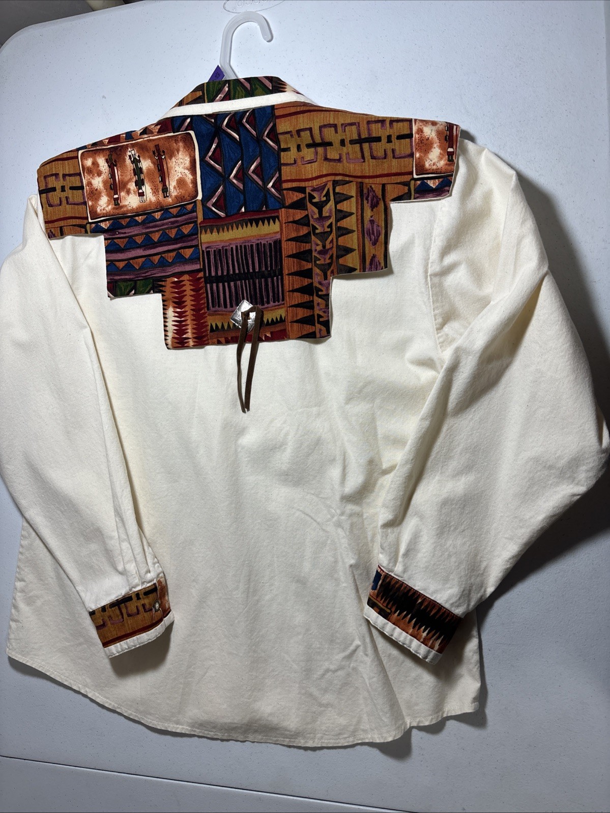 BANJO Western Bib Shirt Women’s M ?? (41×27″) Aztec Conch USA Vtg 80s 90s cotton