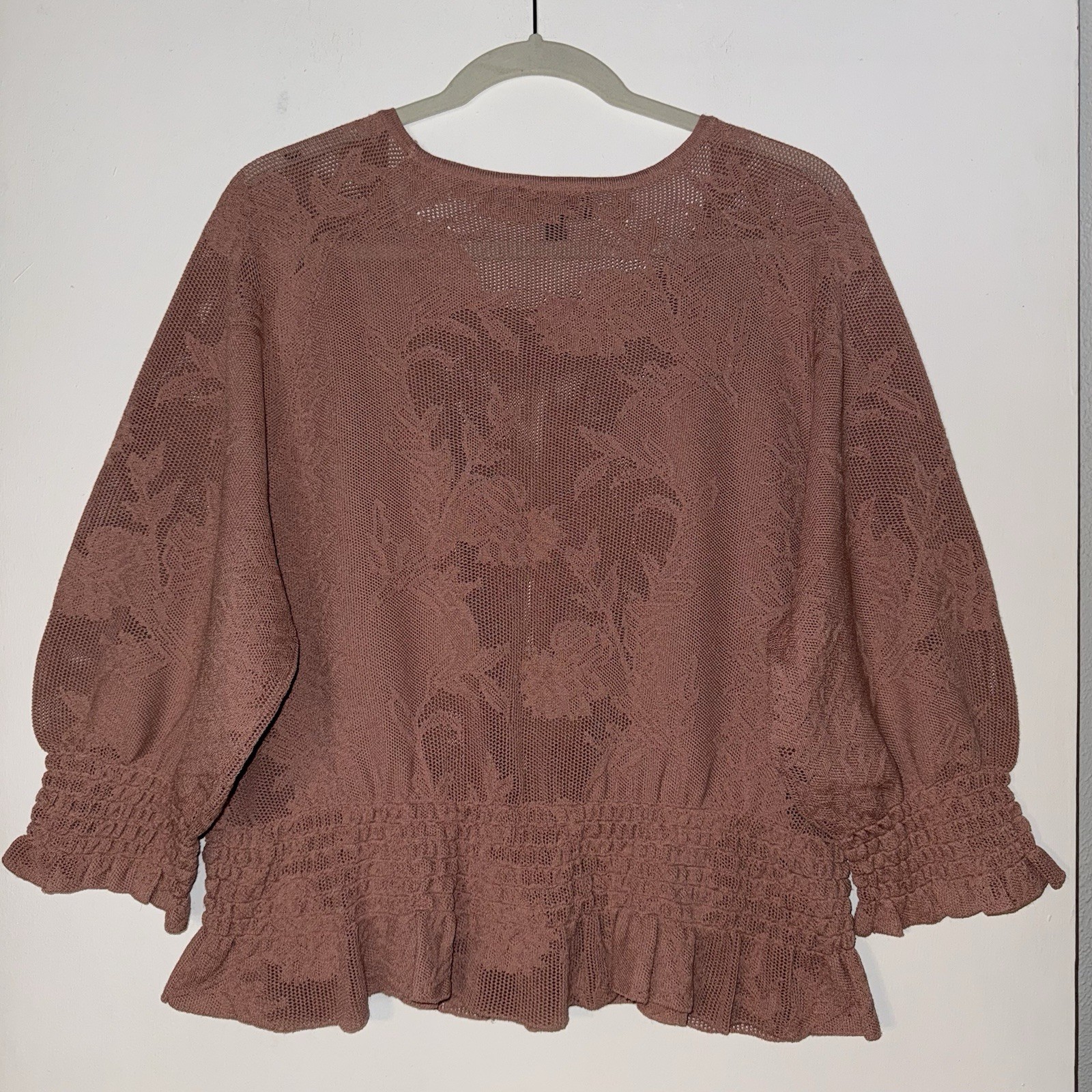 Express Women’s Lg Lace Stitched Smock Pullover Blouse Mauve Pink Boho Delicate