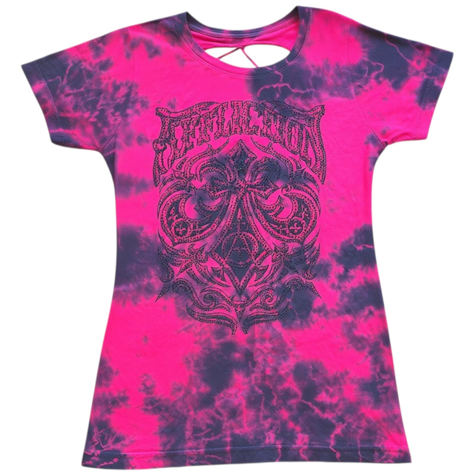 Women’s Affliction Illusion Red Lava Wash Rhinestone Angel T-Shirt Top Tee M-L