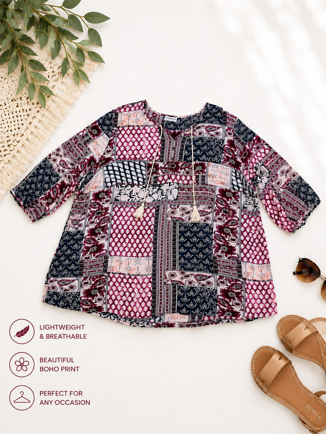 Catherines Women’s Plus Size Patchwork Print Peasant Boho Tunic Top 3/4 Sleeve