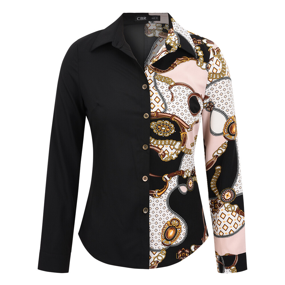 Women Top Vintage Hit Color Print Shirt Collar Long Sleeves Button Casual Blouse