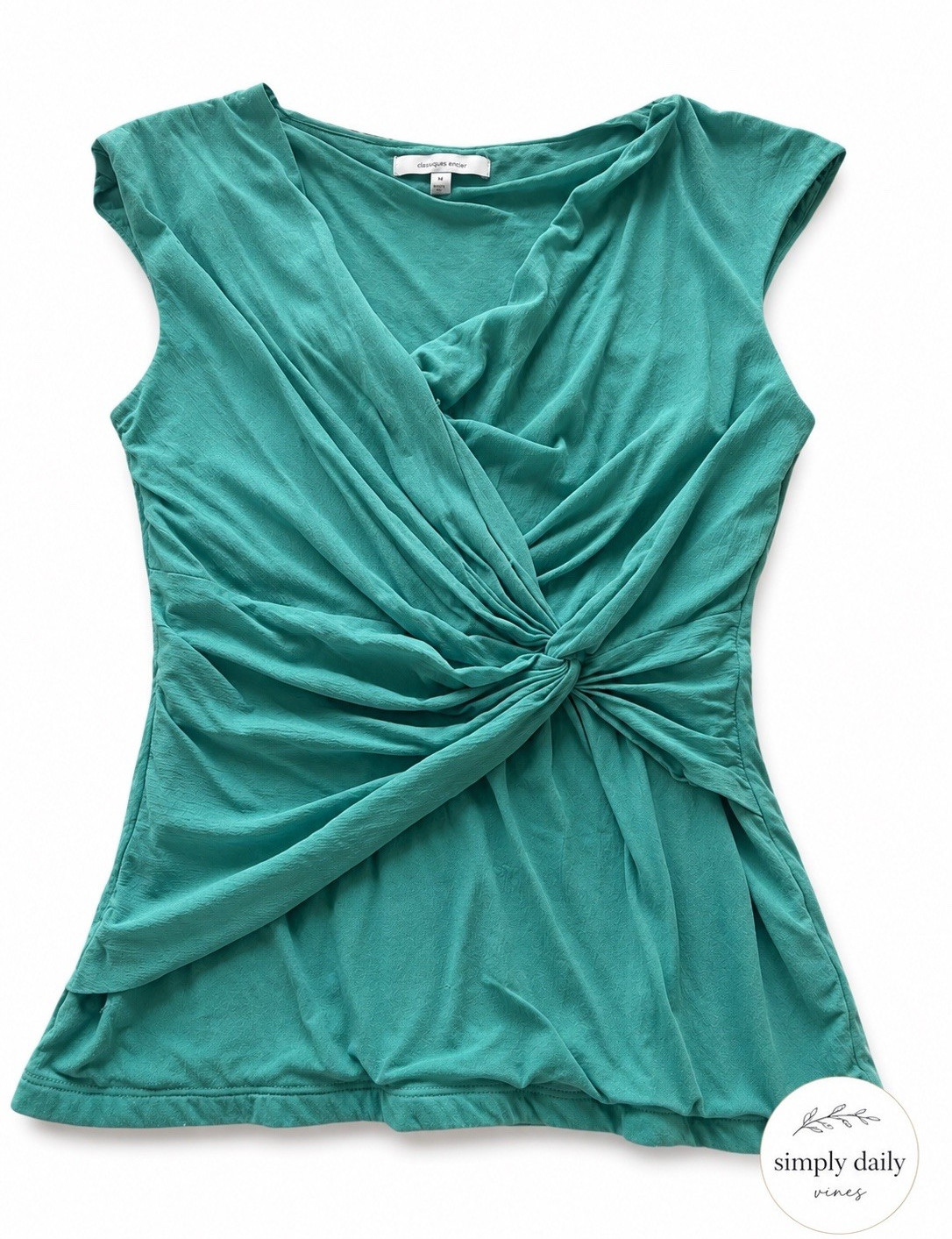 Classiques Entier Silk Twist Front Blouse Medium Teal Draped Cap Sleeve Top