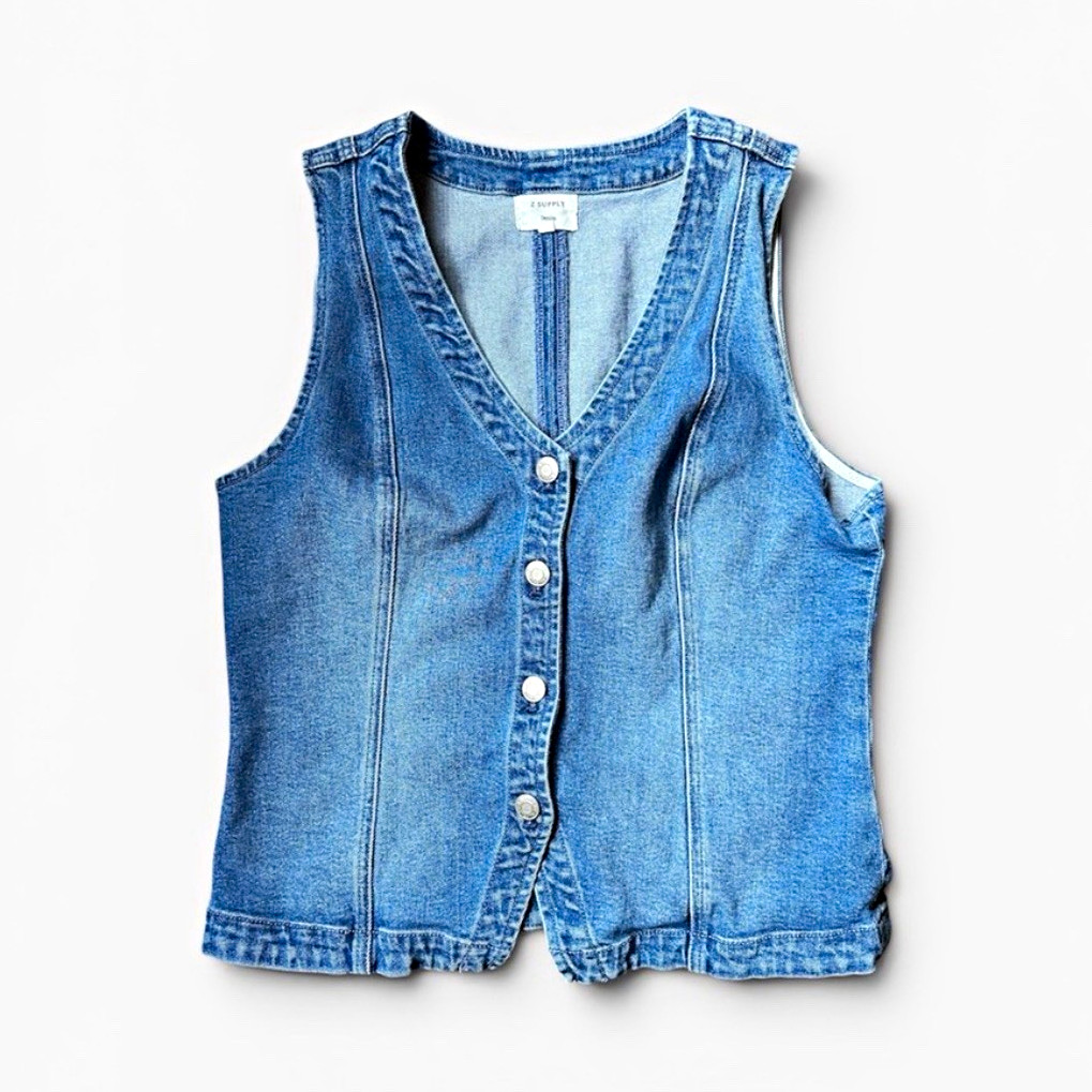 Z Supply Women’s Blue Denim Button-Front V-Neck Sleeveless Vest Size L