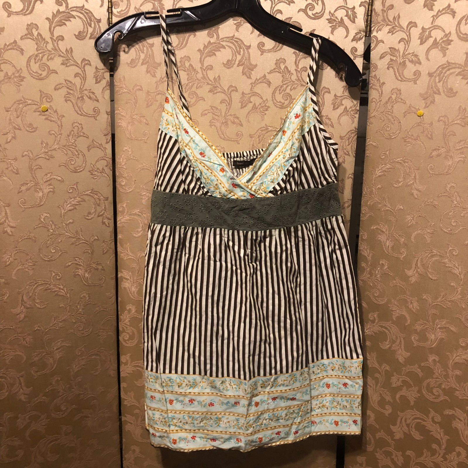 Hazel Y2K Brown Teal Multi-Color Eyelet Floral Striped Tunic Top Size Medium M