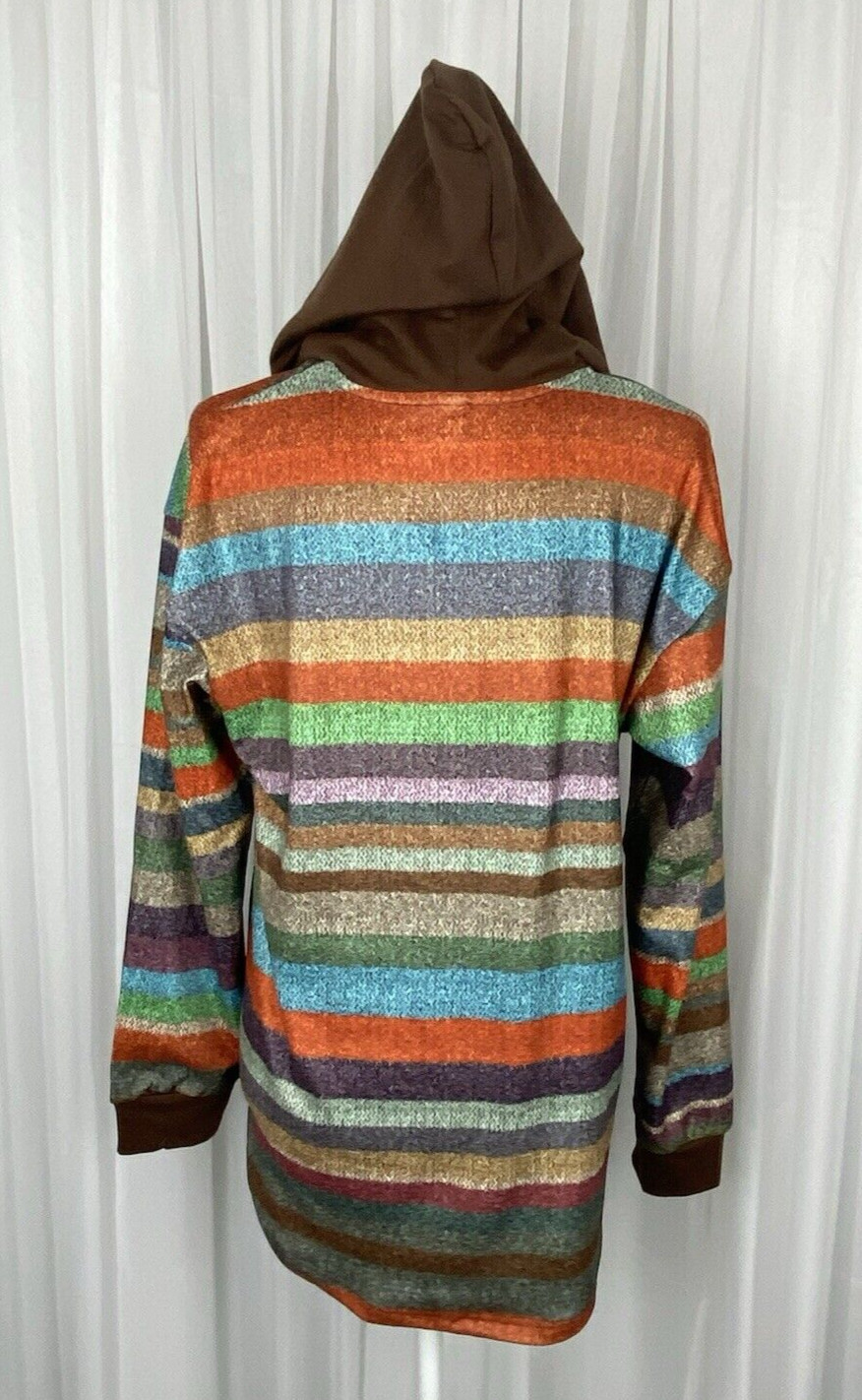 Exclusive Sz M Brown Orange Blue Striped Button Up Knit Top With Hood New