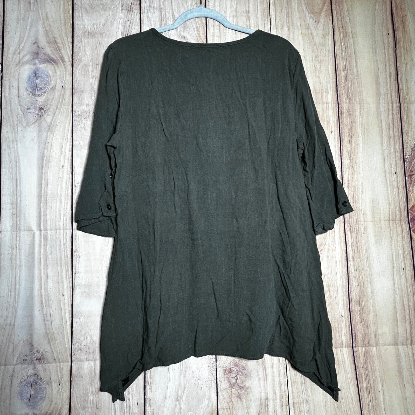 Simply Noelle Linen Tunic Women L/XL Green Blend Henley Sharkbite Lagenlook