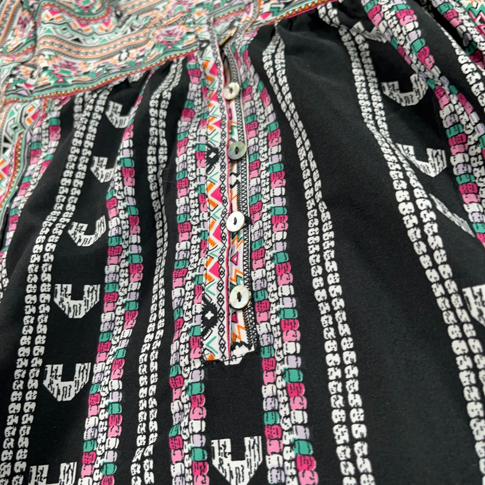 World Market Tunic Blouse Womens Small S Black Pastel Aztec Print Peasant Boho