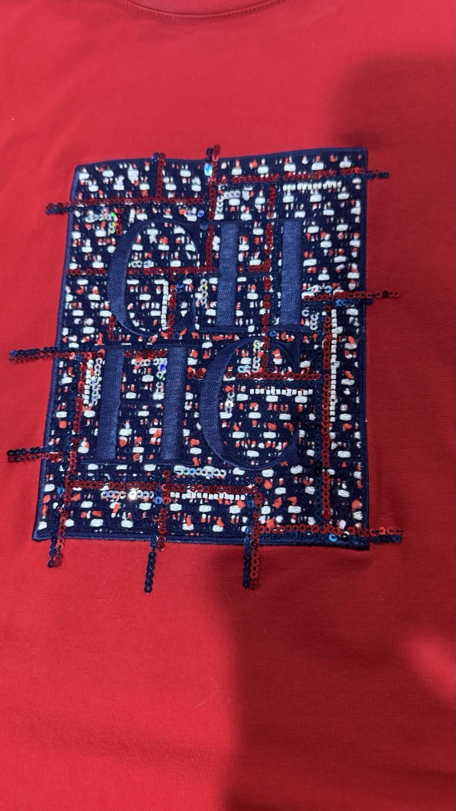 Carolina Herrera Bold Red 100% cotton T shirt. Blue and Red sequins w white bead
