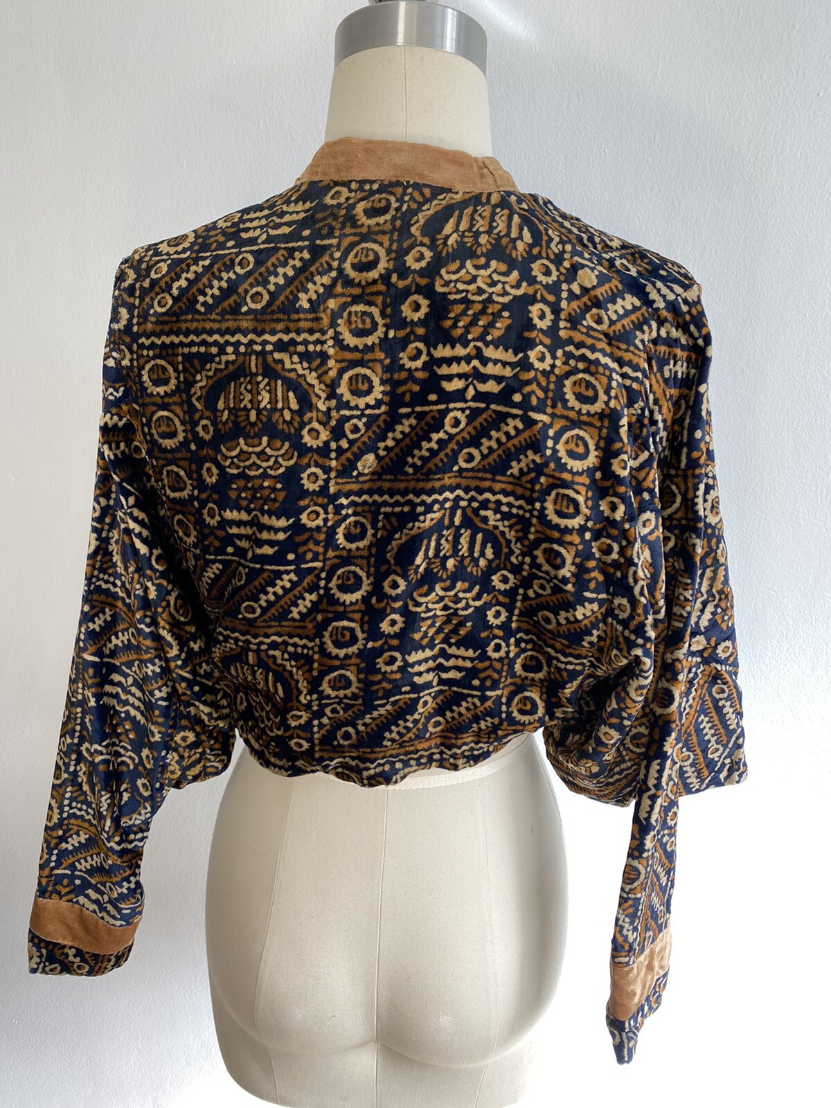 1920s S 100% Silk Velvet Lined Bolero Jacket LS Cropped Brown Front Tie Vintage