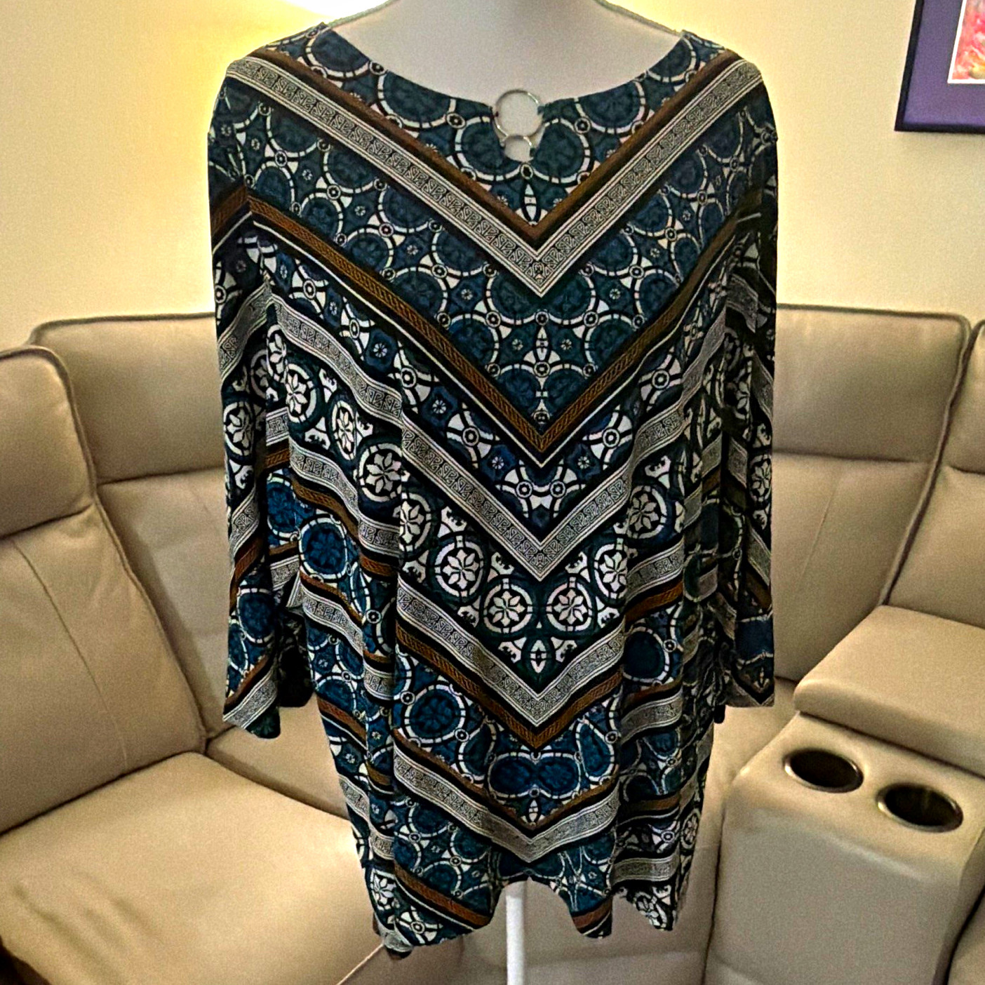 Allison Daley Women’s Plus 2X Blue Geometric Round Neck 3/4 Sleeve Pullover Top