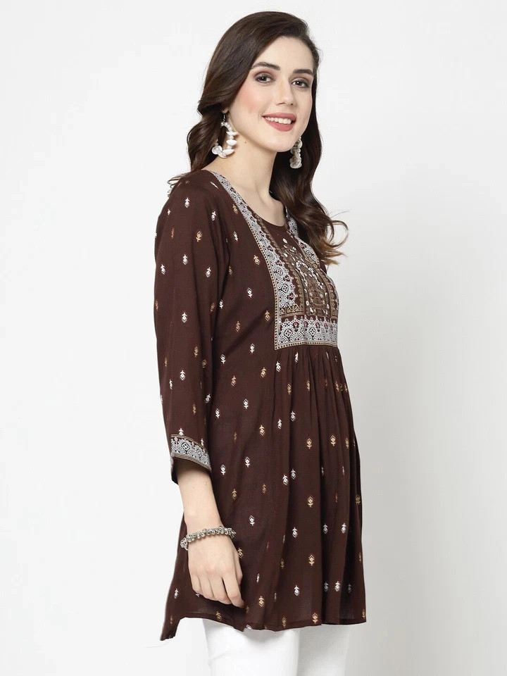 Indian Women Rayon Coffee Brown Floral Printed Top Tunic Kurta Kurti New Dress