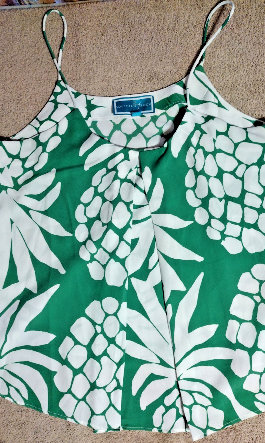 Southern Frock Tank Top Size Small Green White Pineapple Spaghetti Strap Pleated