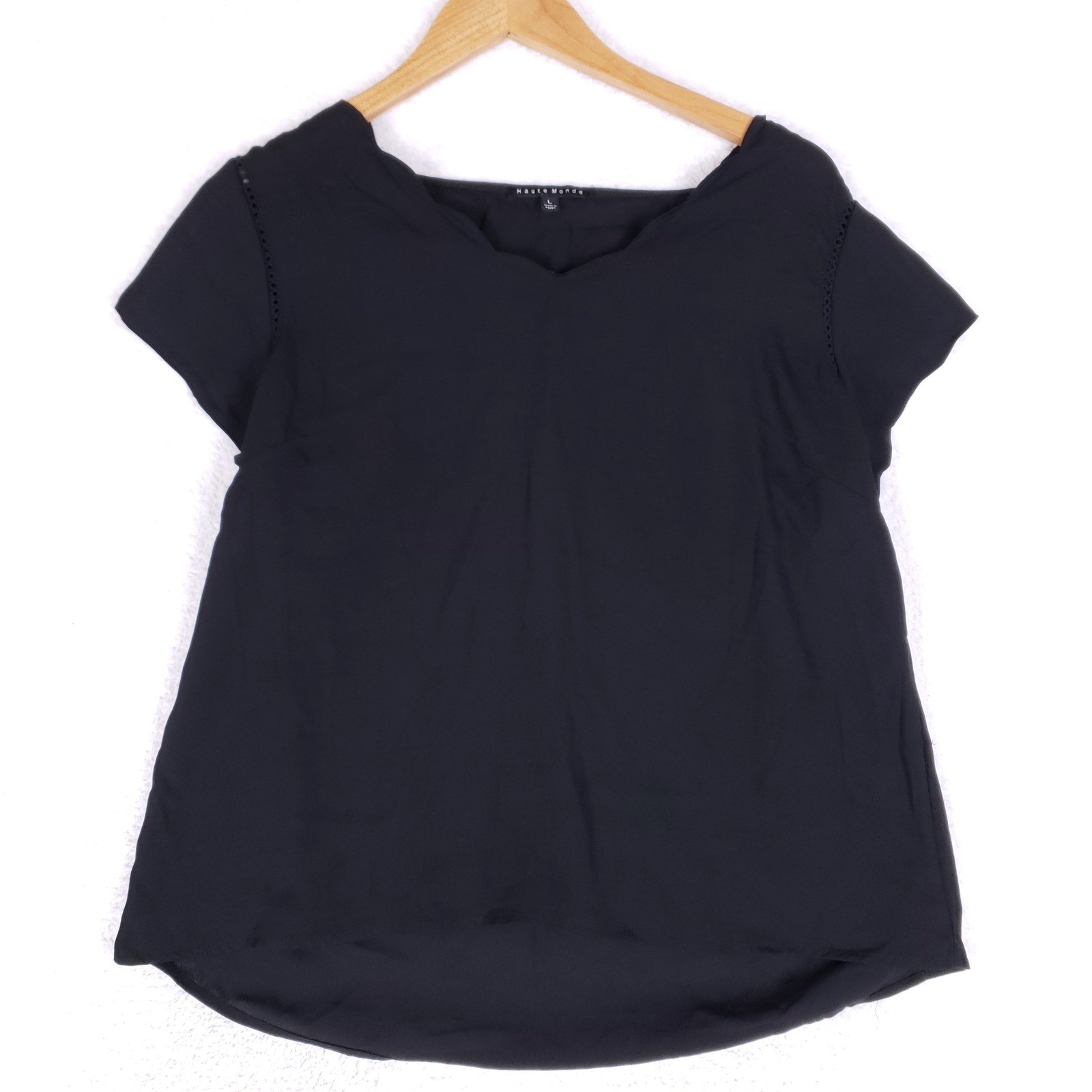 Haute Monde Blouse Womens L Scallop Neck Black Tulip Sleeve Office Professional