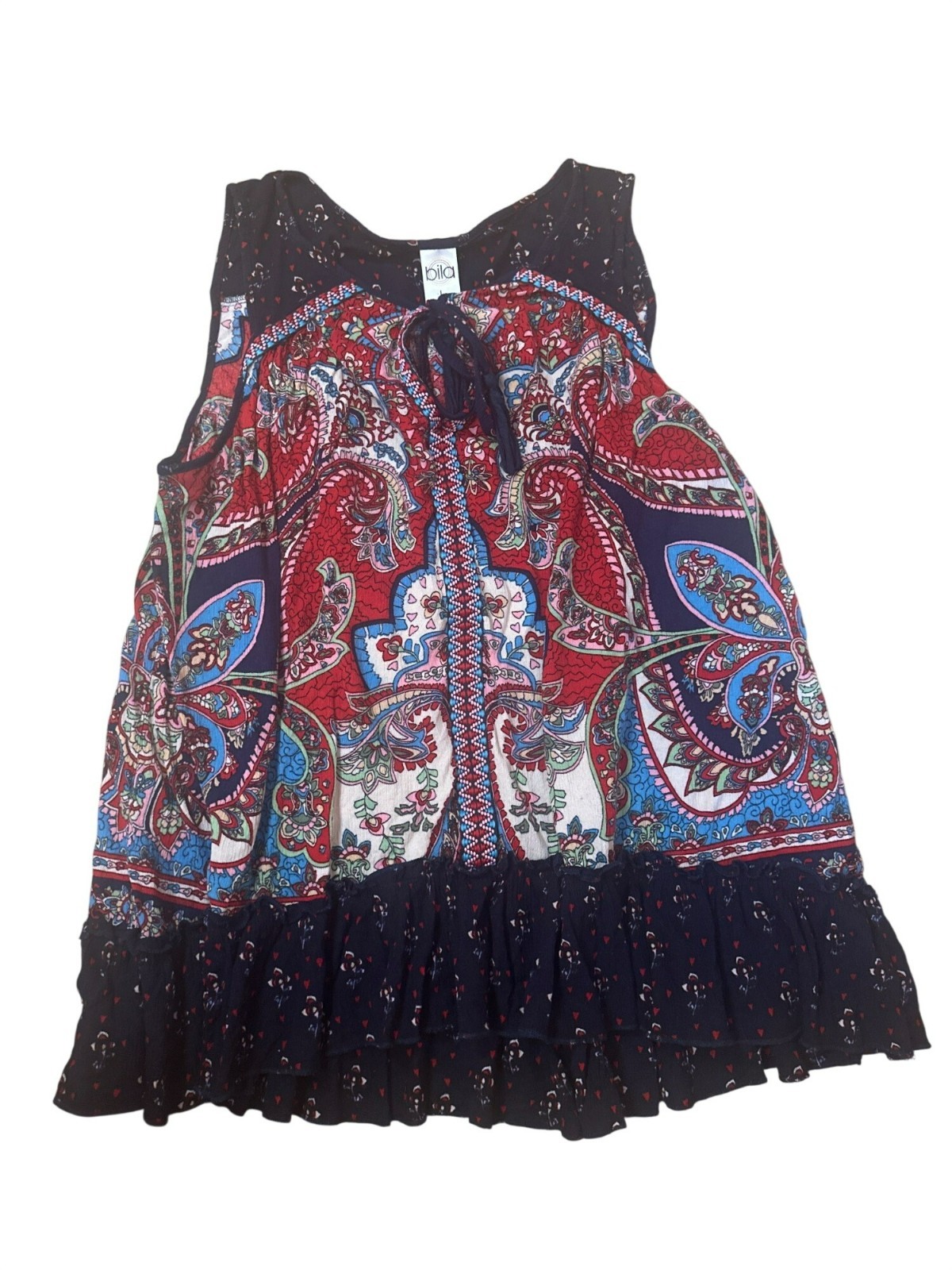 Bila Womens Size L Tank Top Boho Paisley Sleeveless Ruffle Hem Bold Colorful