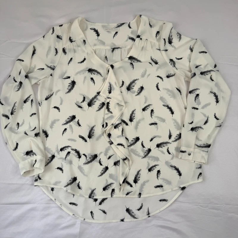 Jacques Vert Blouse UK 14 White Black Feather Print Long Sleeve V Neck