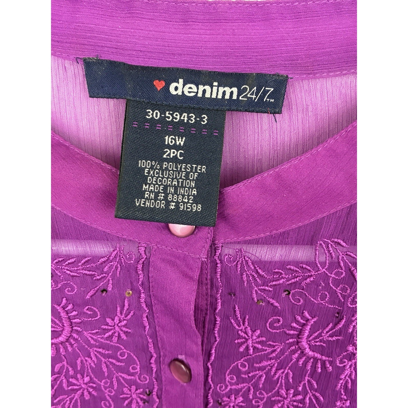 Denim 24/7 Purple Sheer Embroidered Sequin Asymmetric Tunic Blouse Top 16W 2PC