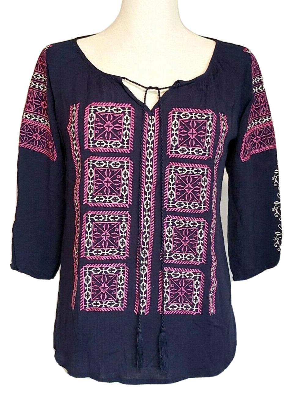 Solitaire Blouse Embroidered 3/4 Sleeve Tassels Hippie Boho Peasant Gypsy size S