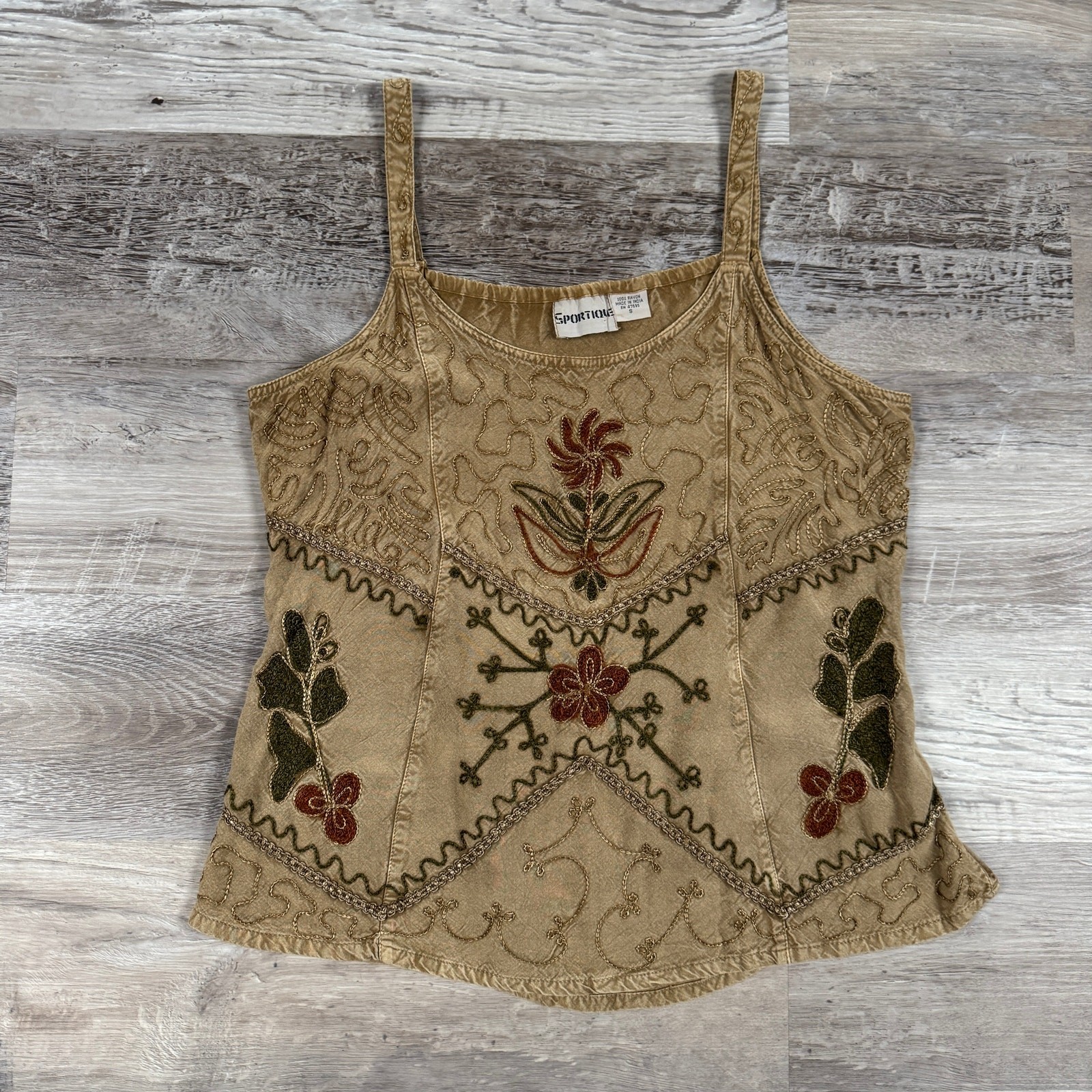 Vintage 90s Sportique Embroidered Rayon Tank Top Boho Folk Floral Fairy Cottage