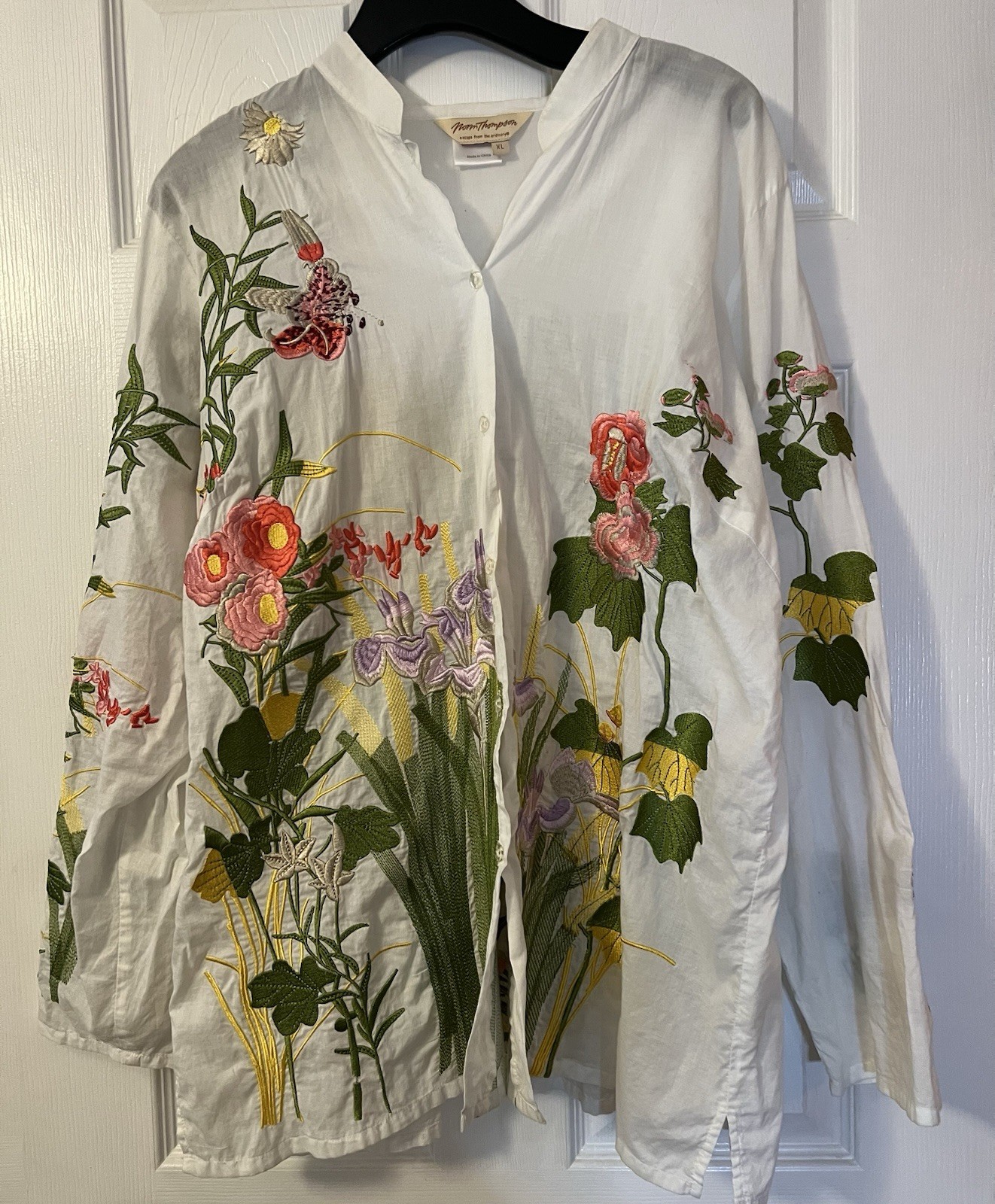 Norm Thompson XL Embroidered Tunic Mandarin Collar White Floral Cotton