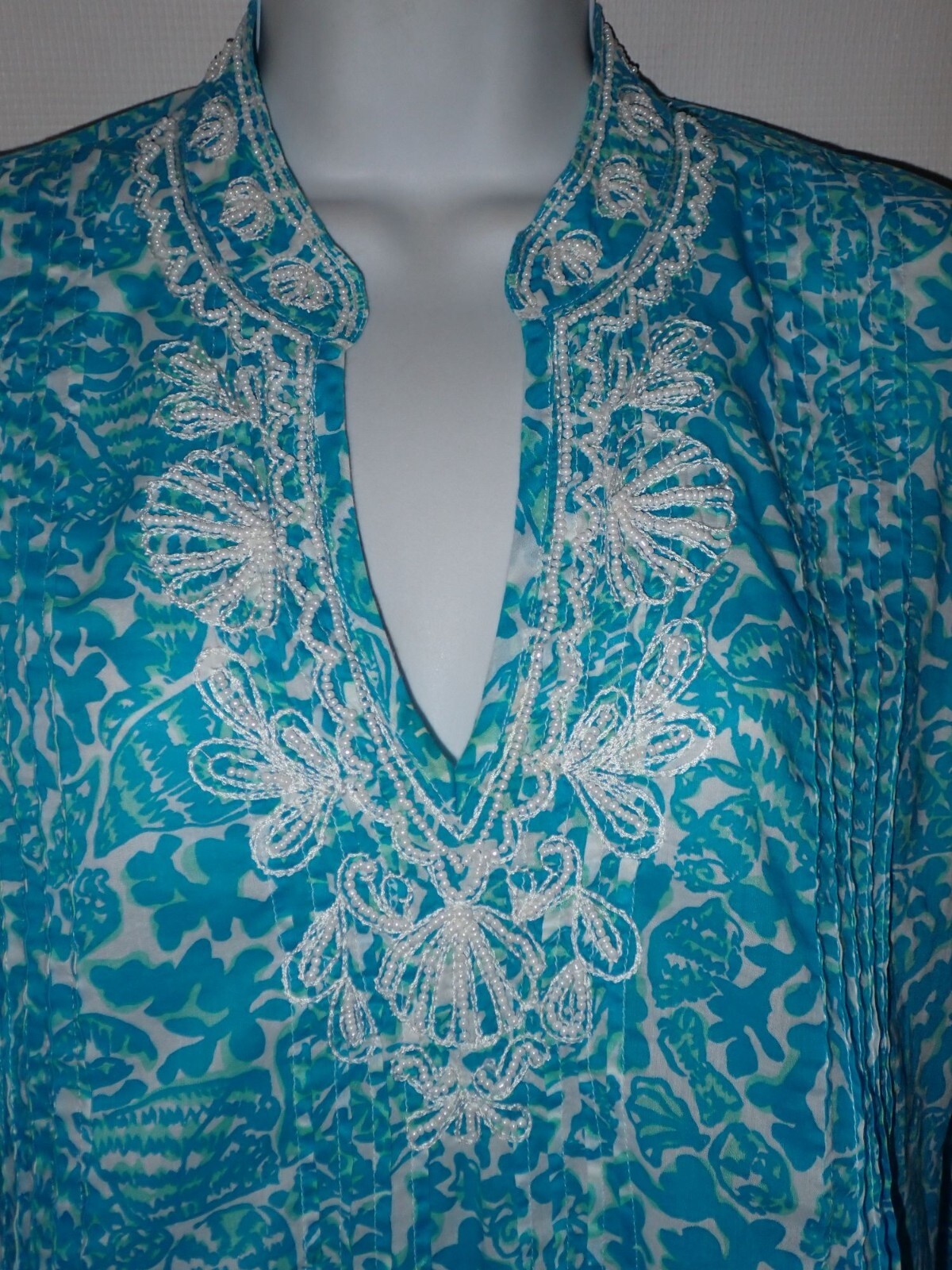 Lilly Pulitzer Sarasota Blue beaded Tunic Top Size S Shells Print Beach Casual