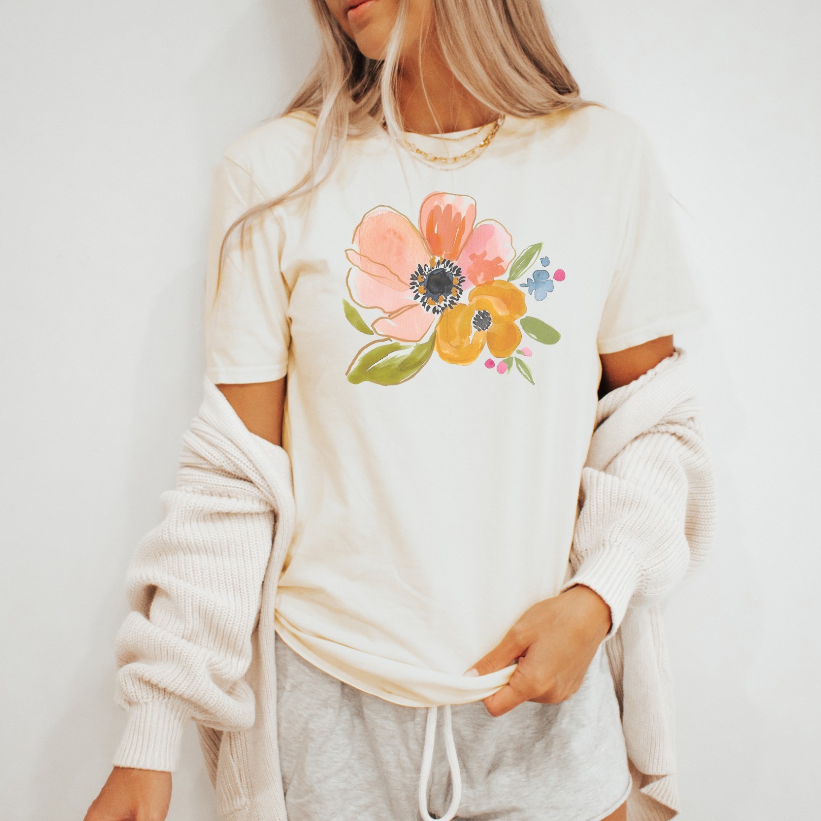 Peach Yellow Floral Watercolor Graphic T Shirt Hand Painted Flower Art Tee
