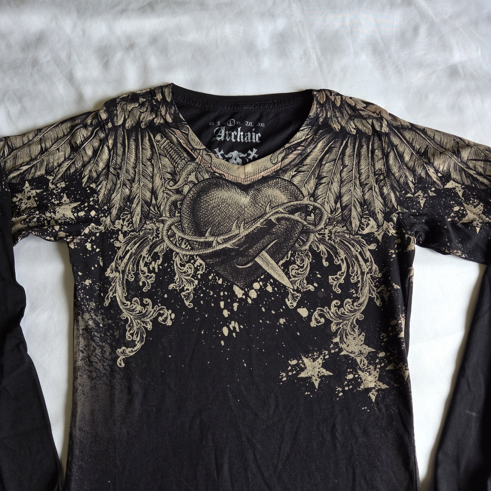 Archaic By Affliction Y2K Grunge Black L V-Neck Long Sleeve Graphic T-Shirt NWT
