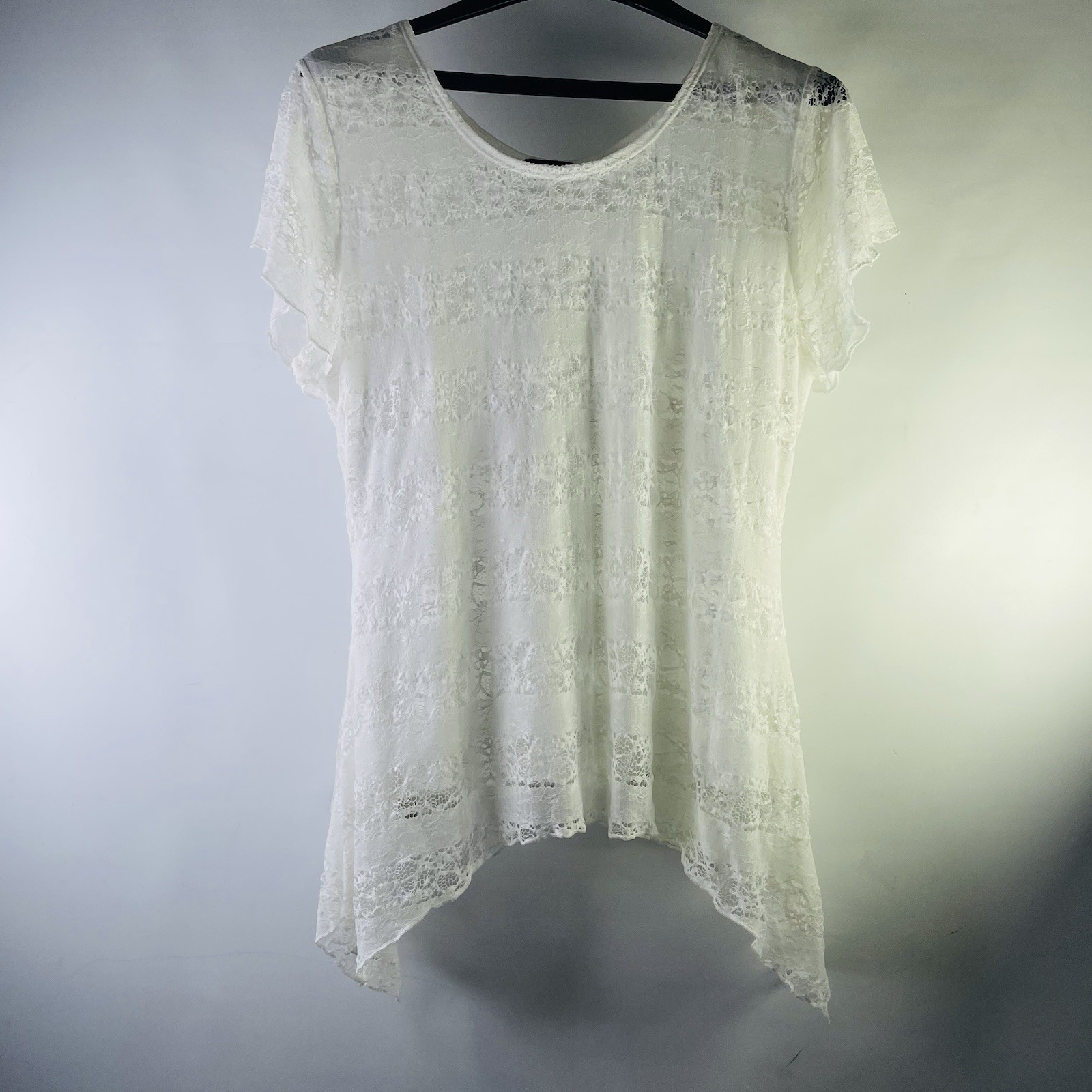 Shannon Ford W Sheer White Lace Shark Bite Hem Scoop Neckline Size XL