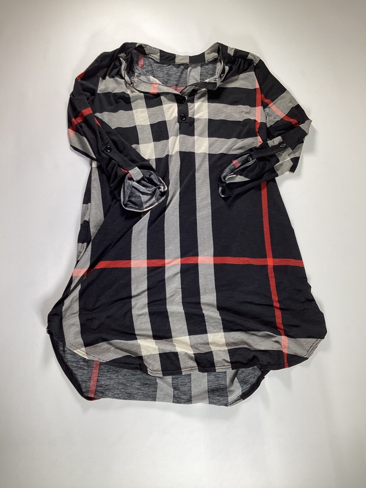 Womens Black White Red Checkered Button up Blouse L Large GUC