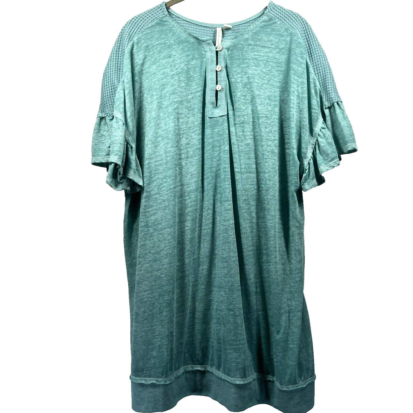 Live Well Life Style Top Medium Turquoise Ruffle Short Sleeve Tunic Burnout