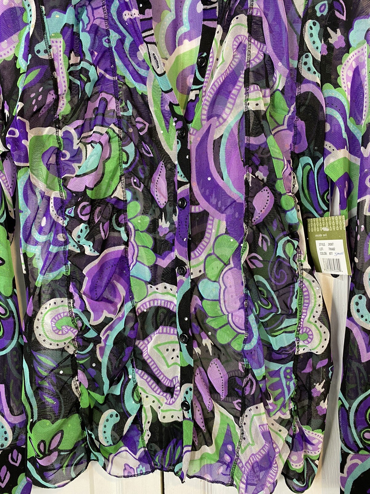 Erin London sheer size small long sleeve shirt ruched new purple green black