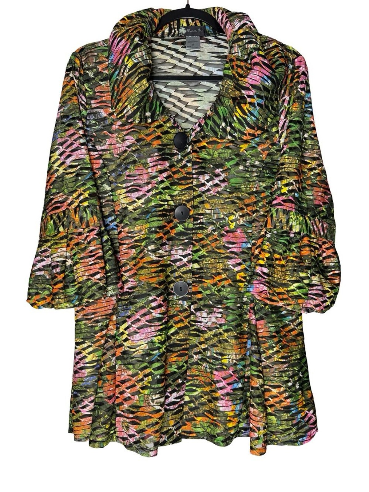 Damee Wearable Art Tunic Top Medium Abstract Button Front Korea Colorful Sheer