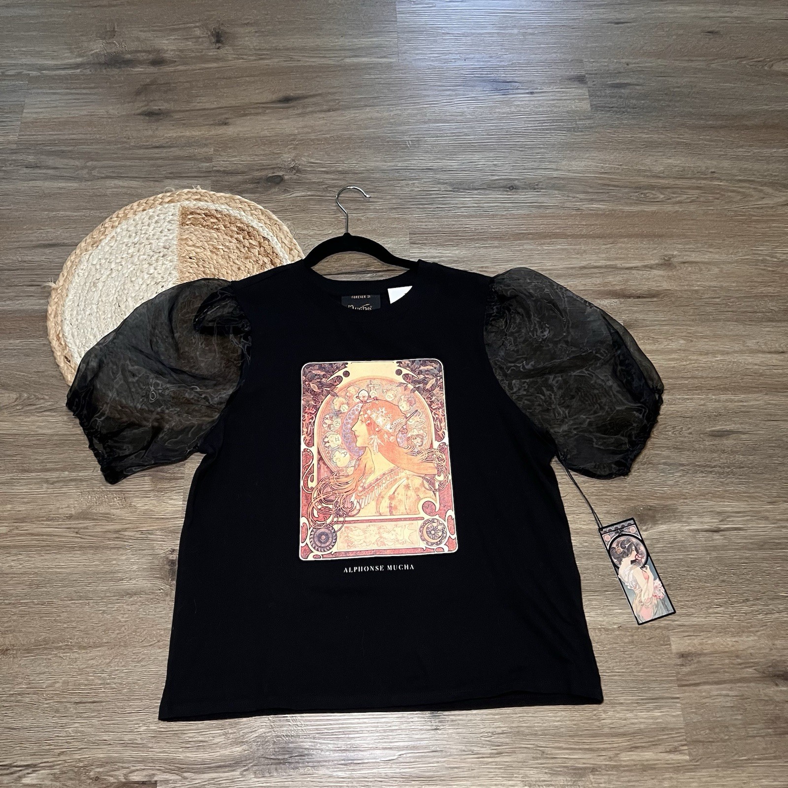 FOREVER 21 Alfonse Mucha Artwork Sheer Organza Puff Sleeve Womens Top NWT