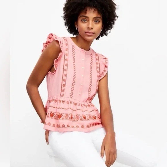 Loft Top XS Embroidered Cotton Cap Sleeve Henley Peplum Cottage Beach Festival